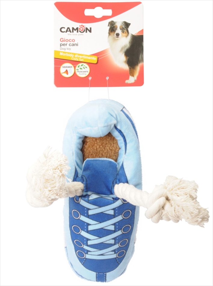 AH4224.jpg Gioco Cane in poliestere c/squeaker frusciante e corda, Scarpa, approx 25cm - Image 1